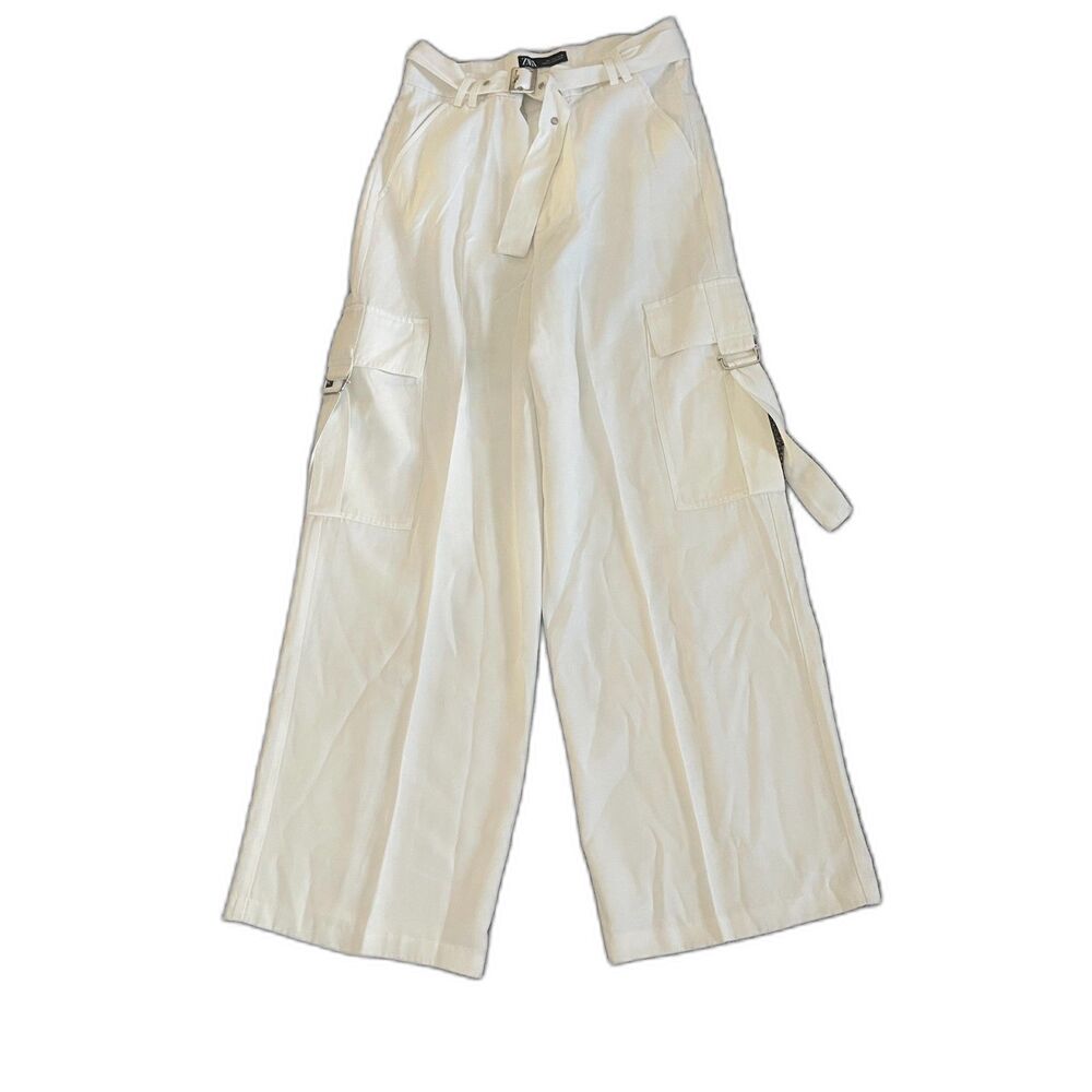 Zara White Satin Cargo high-waisted utilitarian wide leg Trousers With Belt L